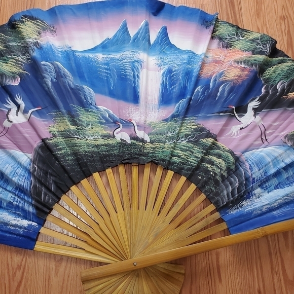 VINTAGE Large Fan 59x36 Handpainted Sky Scene Wal Art - Picture 7 of 16